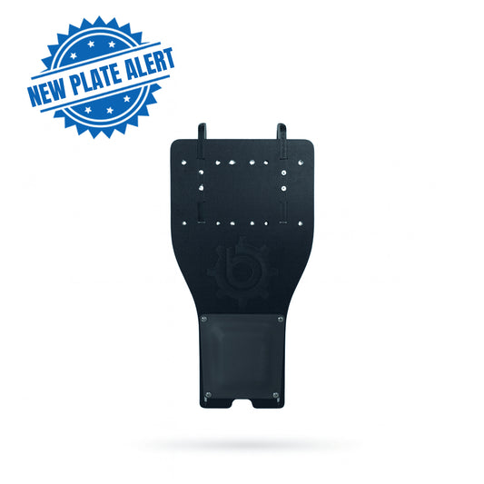 A Bixpy Hobie Pro Angler Triple Mount Plate shown against a white background. The black mounting plate has multiple pre-drilled holes for attachments and features the Bixpy logo embossed in the center. A blue badge in the top left corner reads “New Plate Alert".