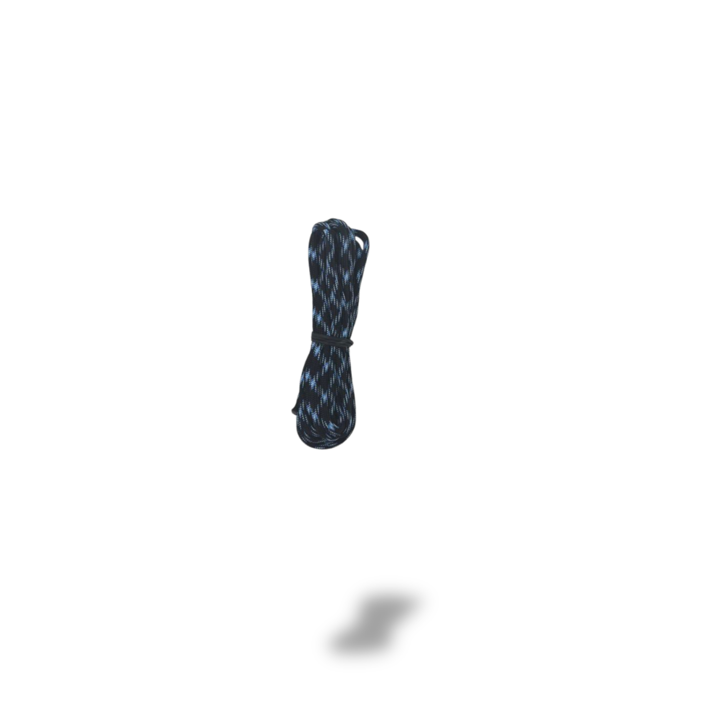 A coiled bundle of dark blue and black patterned rope or cord, centered on a plain white background with a faint gray shadow below.