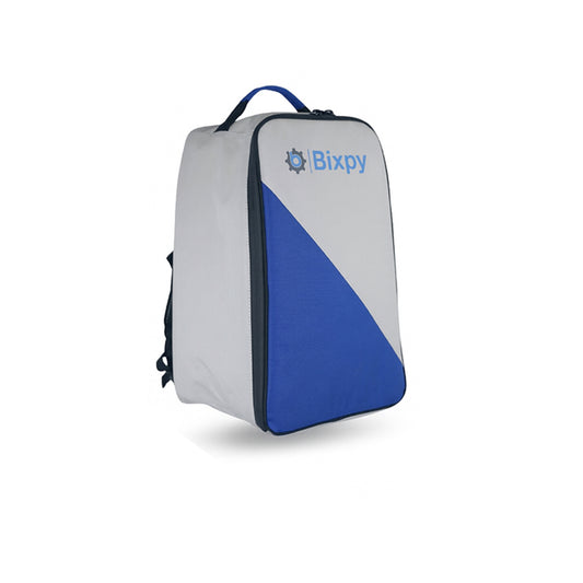 Gray and blue backpack with 'Bixpy' logo on a white background