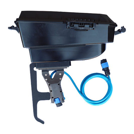 Bonafide Pod Adapter for Bixpy J-1 Motors with blue waterproof cable and integrated mounting bracket shown attached to Bonafide kayak dry pod.