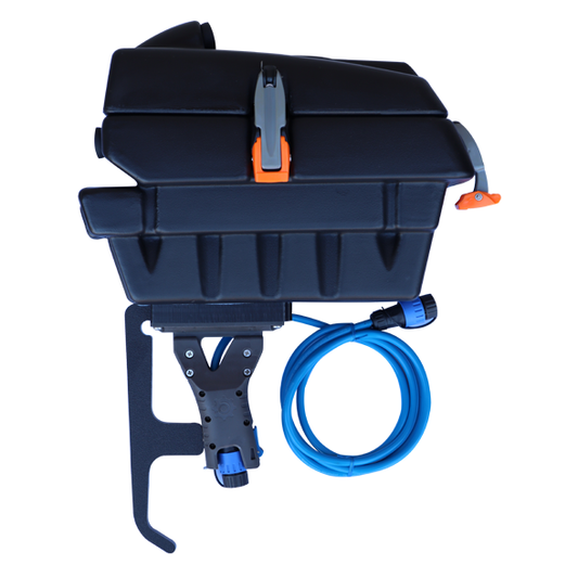 Feelfree Pod Adapter for Bixpy J-1 Motors with blue waterproof cable and integrated mounting bracket attached to molded Feelfree kayak pod.