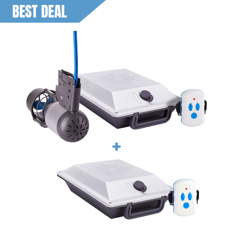Bixpy outboard motor kit with two batteries and two remotes, presented as a bundle with a 'Best Deal' banner.