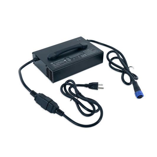 Black power adapter with multiple cables on a white background
