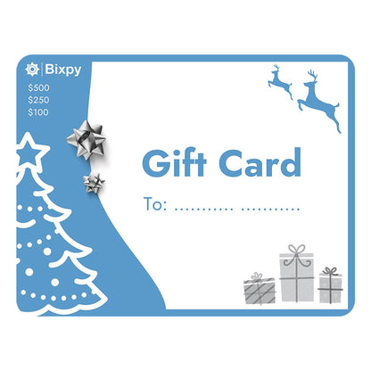 Bixpy gift card with Christmas-themed graphics on a white background