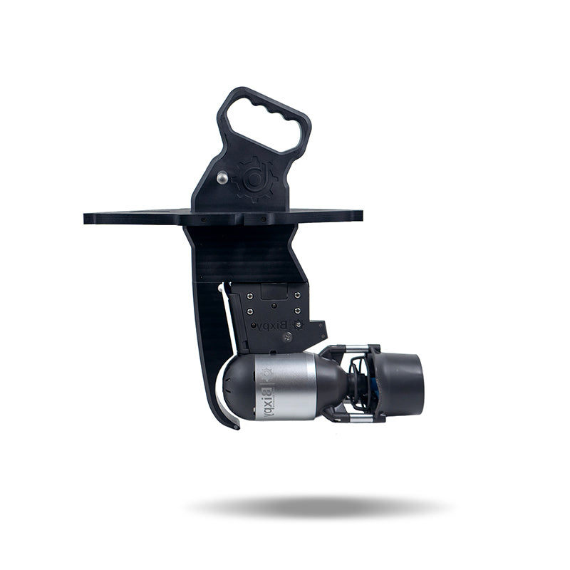Bixpy Jet electric boat motor attached to its integrated control handle adapter.