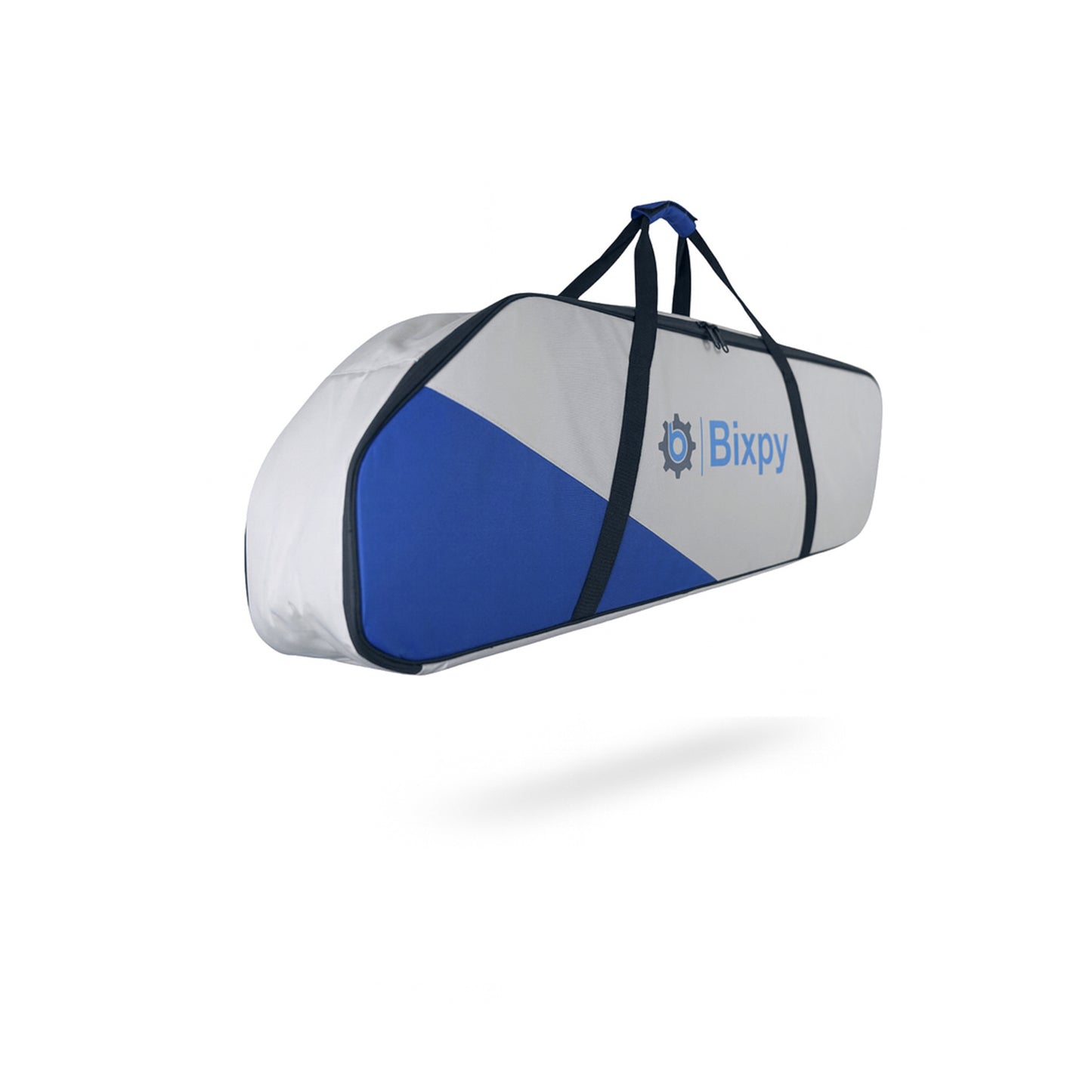 Blue and gray duffel bag with 'Bixpy' branding on a white background