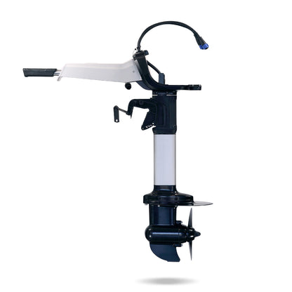 White and black Bixpy motor assembly with a silver shaft and propeller, on a white background.