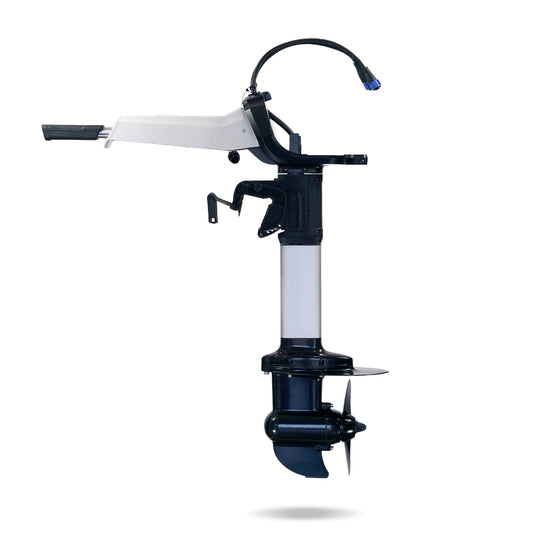 White and black Bixpy motor assembly with a silver shaft and propeller, on a white background.