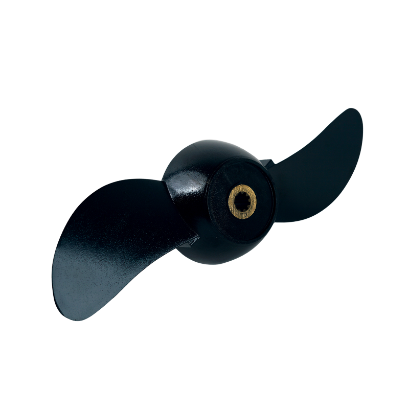 Two-bladed black propeller with a brass-colored hub, on a white background.