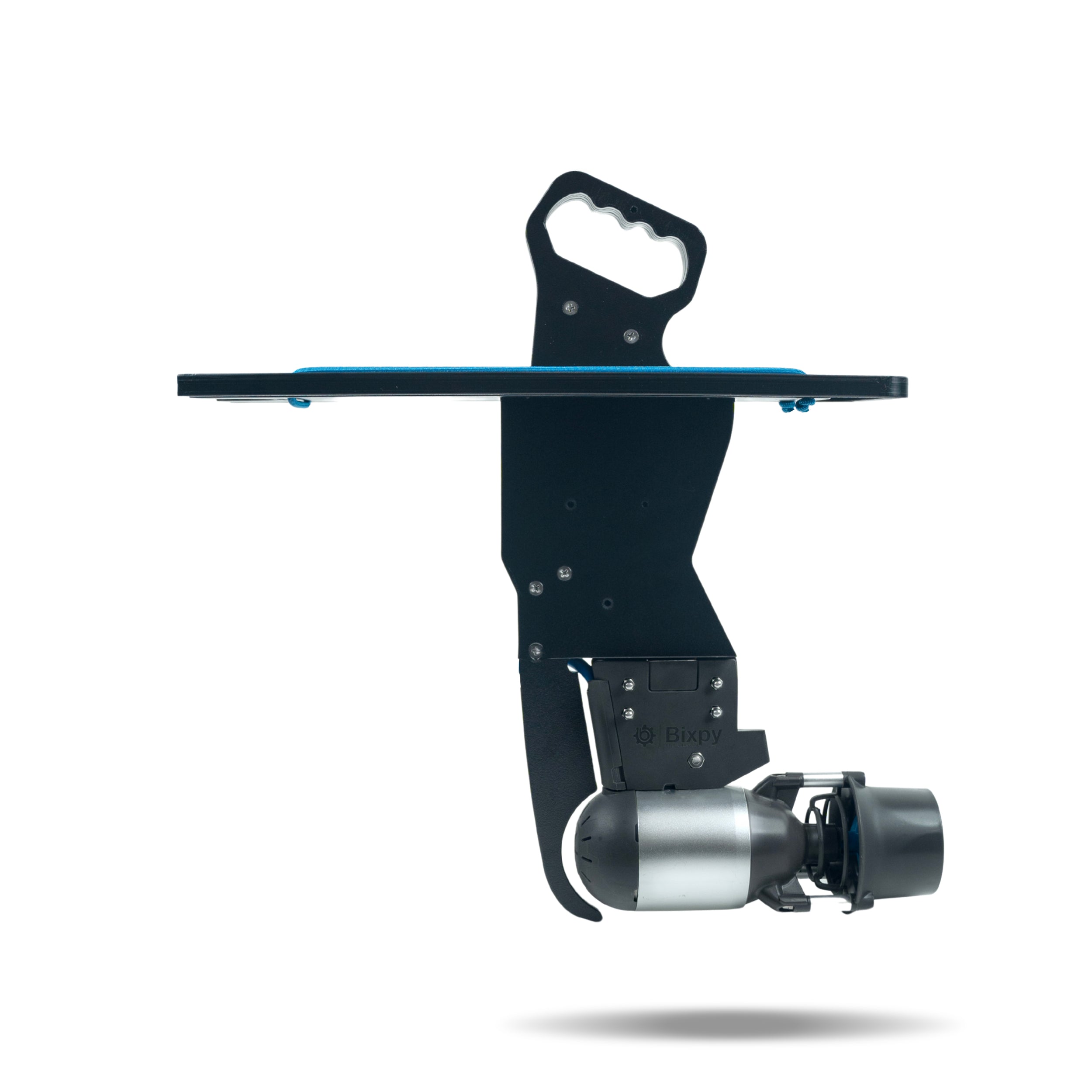 Bixpy Jet electric boat motor attached to its integrated control handle adapter.