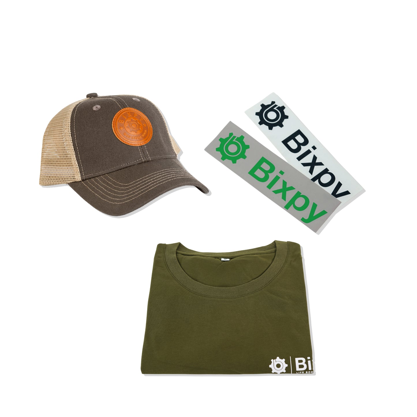 Green t-shirt, brown cap with orange patch, and Bixpy branded items on a white background