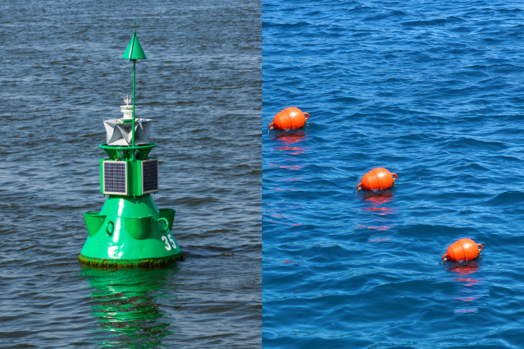 Green and red navigational buoys