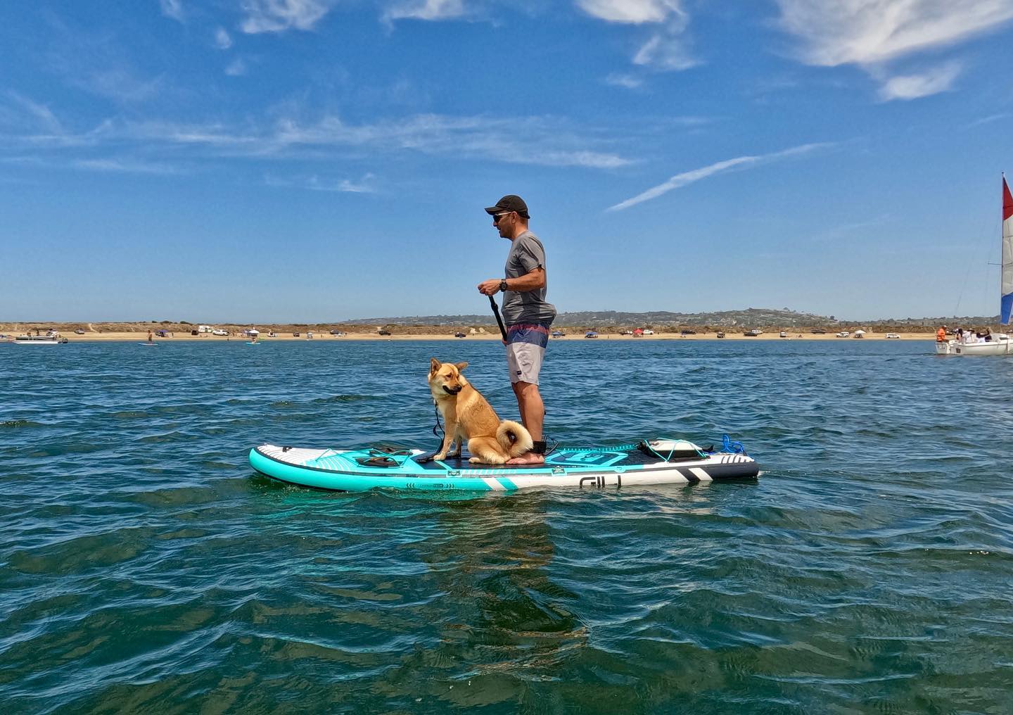 man paddleboards with dog using Bixpy motor