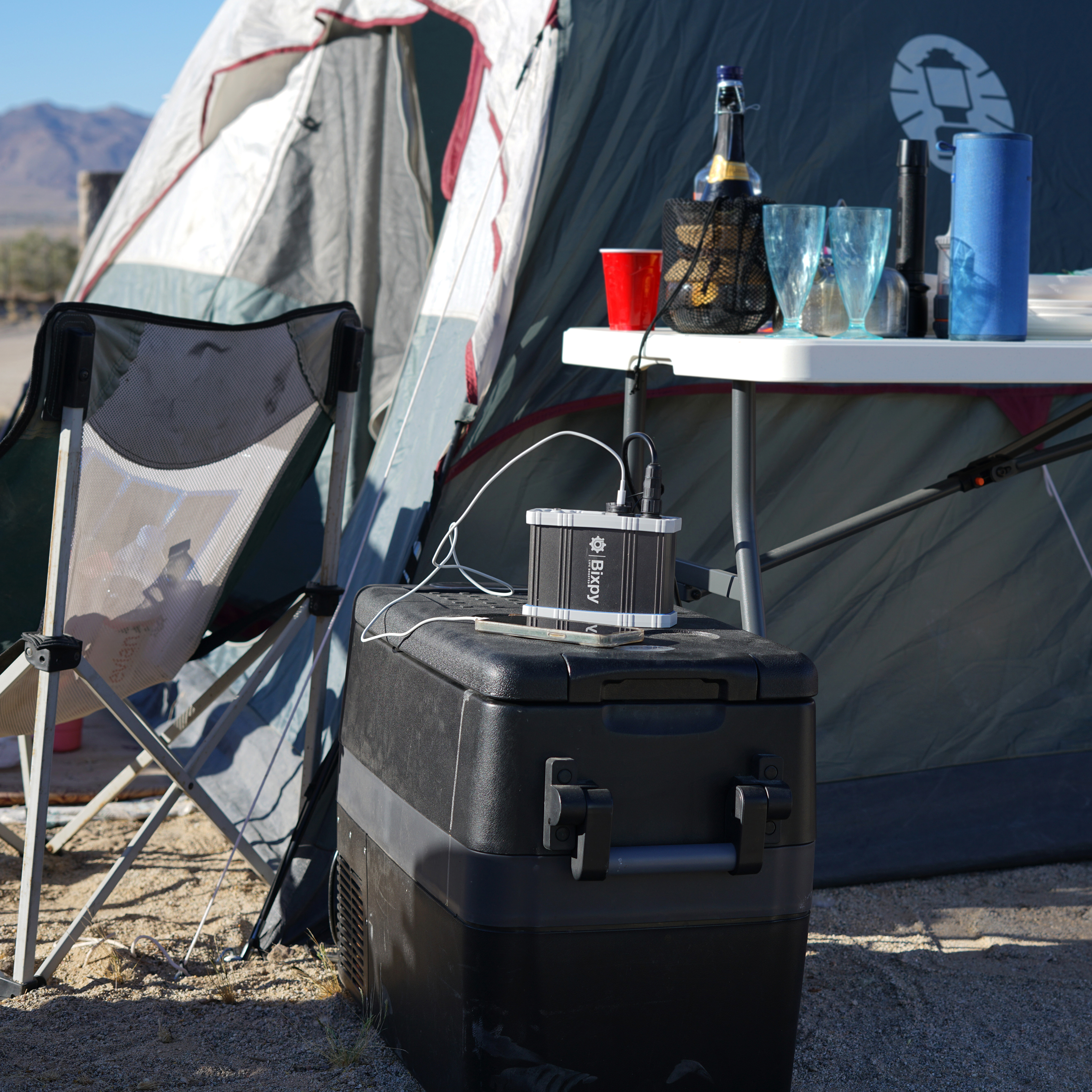 Bixpy power bank outdoor camping powering up a fridge